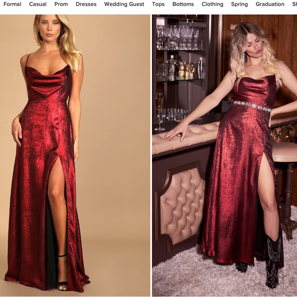 Red Metallic Cowl Neck Maxi Dress with Slit